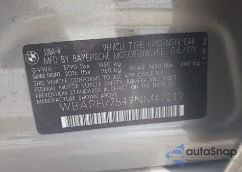 2009 BMW 328I z USA, uszkodzony, nr VIN WBAPH77549NM47249